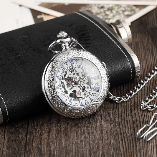 GORBEN Adults Manual Hand Wind Silver Hallow-Out Face Round Shaped Metal Alloy Case Analog Display Roman Numerals Pendant Chain-Pocket Watches/Optional: With Box-Without