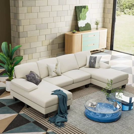 No-EN-Name-Null Modern Soft White U-Shaped Breathable Futon Fabric Solid Wood Panel Frame Double Chaise Medium Firmness Soft Comfortable Sectional Sofas/Washable Covers/4 Metal Legs