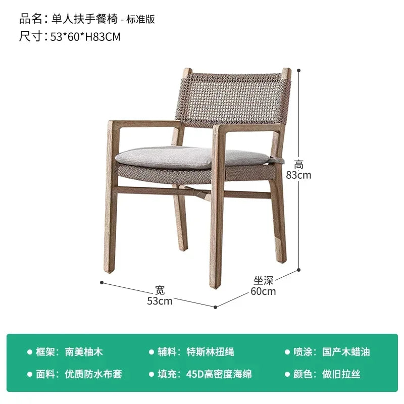 No-EN-Name-Null Outdoor European Free-Standing Brown Rectangle Shaped Wood Frame Table-Bench-Six Mesh Backrest Fabric Beige Cushions Chairs Sets/Colors-Brown/Beige