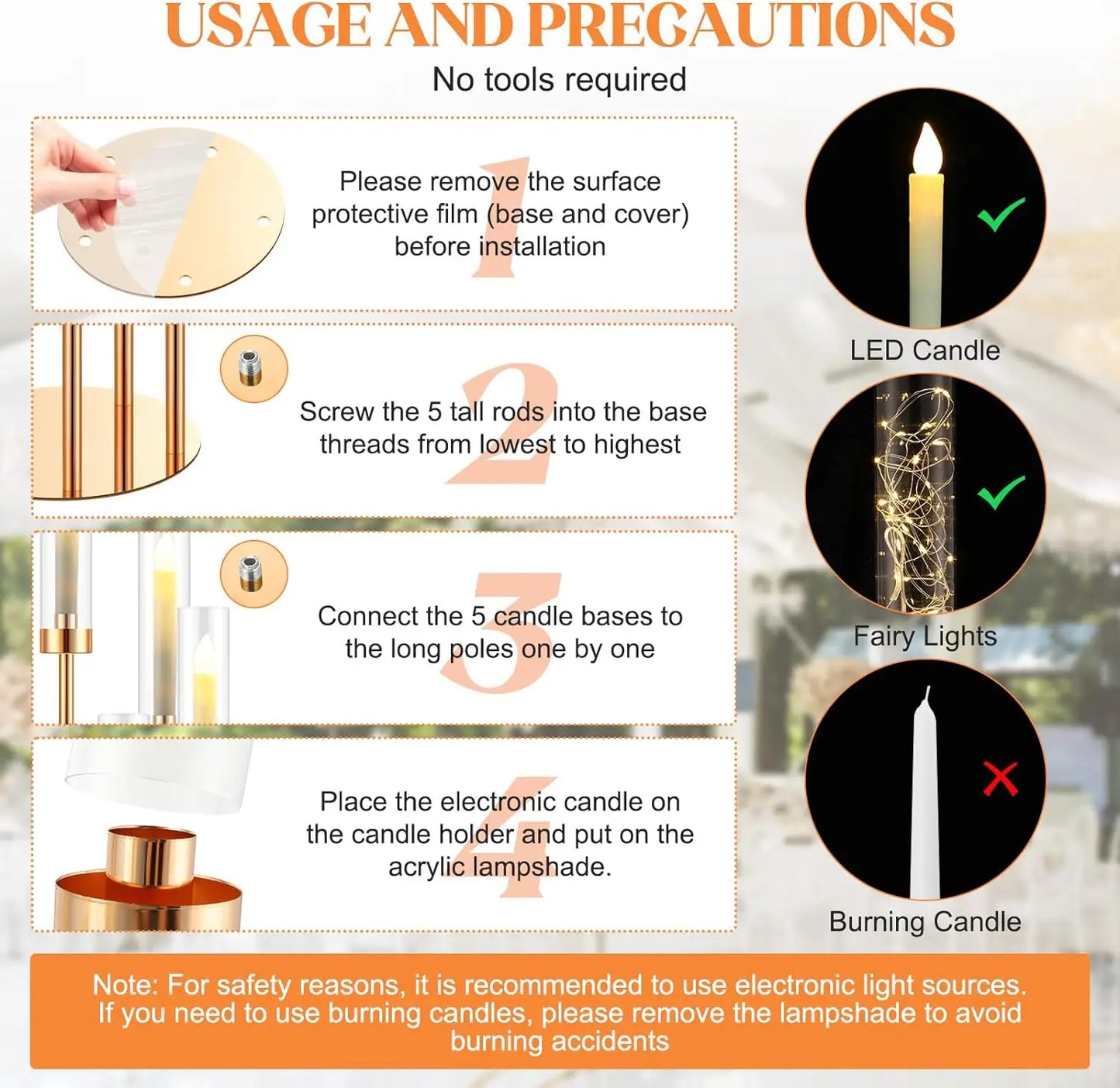 MS-MADE Elegance 4 PCS Tall Five Crowned Arms Gleaming Gold Metal-Acrylic Glass Shades Round Cylindrical Shaped Candelabra Wedding Floor Candle Holders