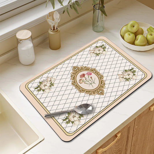 Anti-slip 100% Polyester Floral Kitchen Drainer Pads/Sizes: S/M/L/XL