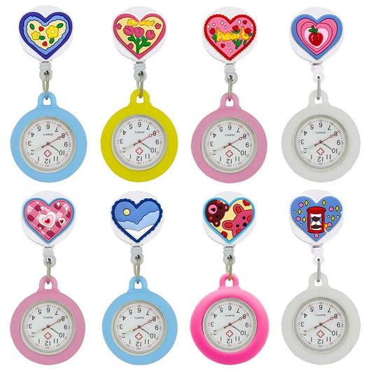 YIJIA Adults Universal Waterproof Metal Quartz Glass Face Analog Display Arabic Numeral Cartoon Cute Heart Nurse-Doctor Clip-On Hanging Lapel Silicone Cover Fob Pocket Watch/Colors-Light Blue/Yellow/Light Pink/White/Neon Pink