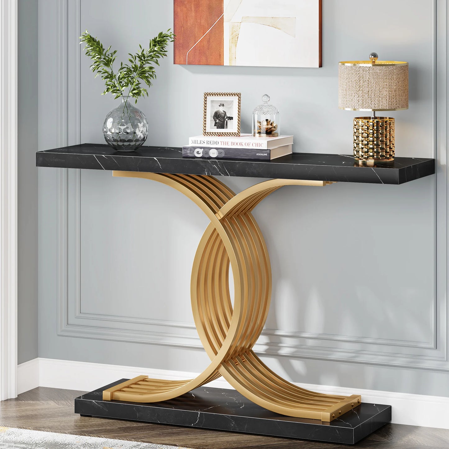 TRIBESIGNS Modern Entryway White Faux Marble Rectangle Shaped Wood Top-Bottom Rectangle Strong Sturdy Wood Base Geometric Gold Metal Frame Narrow Console Tables/Colors-White/Black/Chocolate/Dark Gray