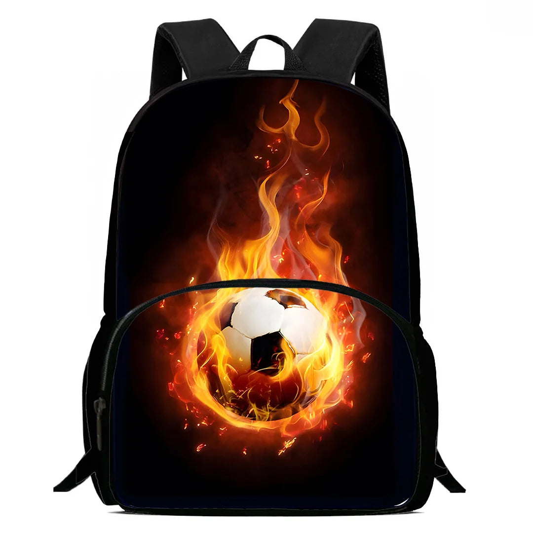 MINISO Kids 3 PCS Large Waterproof Nylon Fabric Zippers Exterior Pockets Printed-Burning Flames Soccer Ball Design Curved Back Shoulder Straps-Handle Sports IPAD Compartment School Backpacks/Color-Black/White/Blue/Multicolor