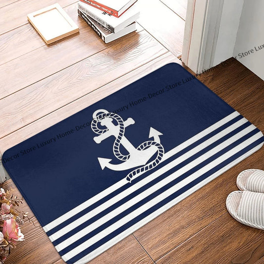 No-EN-Name-Null Indoor-Outdoor Machine-Made Waterproof Non-Slip Wrinkle-Resistant Polyester Flannel Fabric Printed Nautical Rope White Striped Blue Anchors Design Rectangle Floor Doormats/Size: 40cm x 60cm  16 x 24 inches