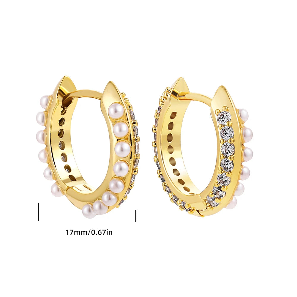 EARPELS Adult Women Fine Imitation Copper Gold Plated Plastic Resin Small Round Circle Inlay Clear Cubic Zirconia-White Pearls Hoop Huggies Earrings/Colors-Clear/Gold/Geometric
