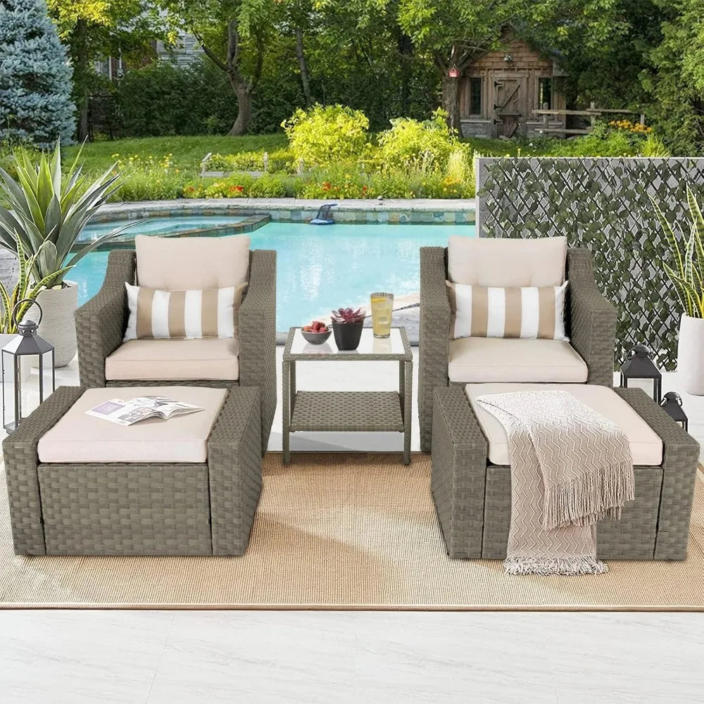 No-EN-Name-Null Outdoor Modern Manhattan Series 7-PCS All-Weather Brown Rattan Wicker Iron Metal Frame Patio Furniture Sets/2 Chairs /2 Ottoman/Loveseat /Glass Top End-Coffee Tables/ Striped Pillows/Colors-Beige/Brown/Striped/Multicolor