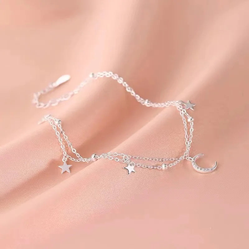 CHUHAN Women Sterling Silver-Plated Metal Geometric Double Layer Stars-Half Moon-Silver Tiny Bead Balls Charm Fine Imitation Chain Bracelets
