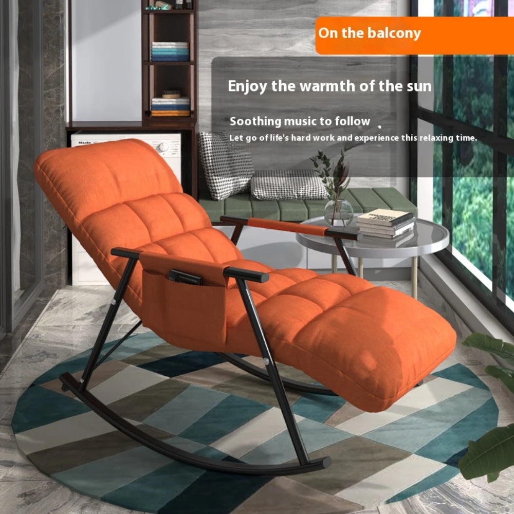 No-EN-Name-Null Modern Indoor-Outdoor Waterproof Five Gears Height Adjustments Linen-Velvet Soft Faux Leather Fabric Anti-Tipping Foldable Reclining Lazy Black Metal Frame Rocking Chairs/Colors-Beige/Orange/Gray/Side Pockets