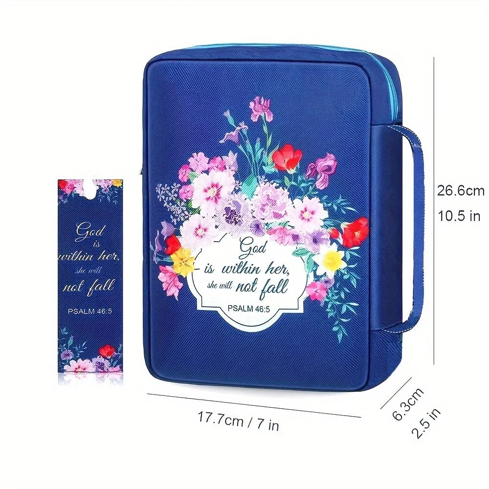 ALL GLORY Soft Handle Blue Floral Design Saying God Is Within Her She Will Not Fall Psalms 46: 5Metal Zippered Internal Pockets Nylon Fabric Polyester Lining Religious Items Bible Cover Cases/Colors-Various Floral Patterns