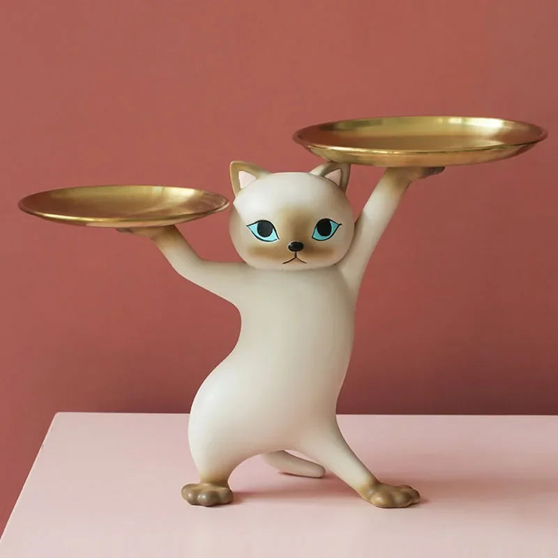 No-EN-Name-Null Modern Front Door Resin White Cat Blue Eyes Holding Two Gold Key Caddy Tray In His-Her Paws Animal Figurines /Colors-Gray/White/Gold/Blue/Brown/Animal/Multicolor