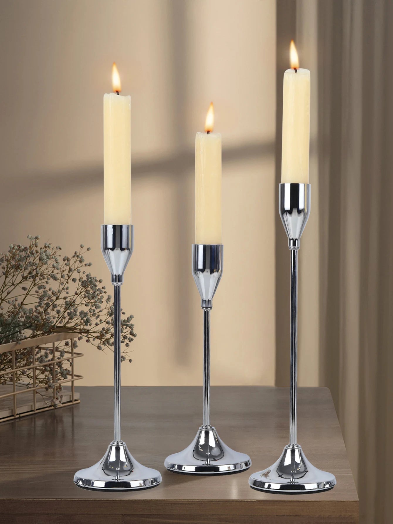 Modern 3 PCS European Round Black Metal Tabletop Stick Candle Holders Sets/Colors-Black/Gold/Silver