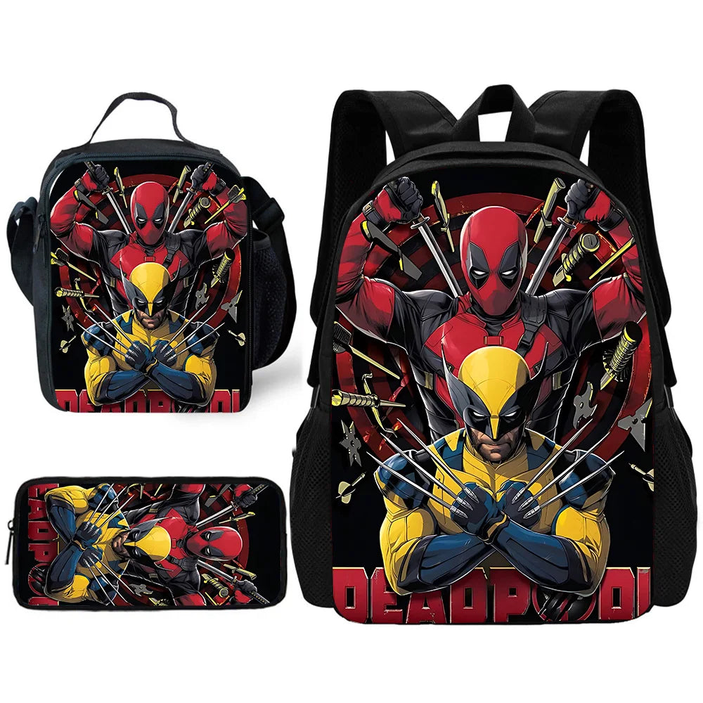 MINISO 3 PCS Waterproof Curved Back Nylon Fabric Cartoon Smiling Critters Super Hero Adjustable Straps-One Handle School Backpacks /Lunch Bags/Pencil Bag/Tablet Inserting Pocket/Water Bottle Pocket/Colors-Red/Black/Purple/Multicolor