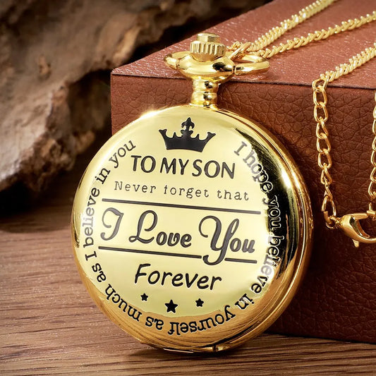 Unisex Adults Waterproof Antique Glass Face Quartz Analog Display To My Son-I Love You-Forever Design Gold-Silver Round Shaped Metal Alloy Case Vintage Steampunk Roman Numerals Gold Necklace Chain-Pocket Watches