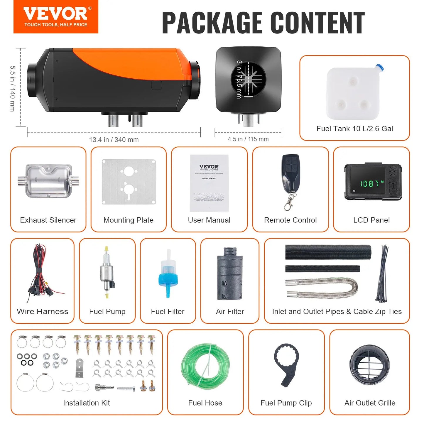 VEVOR Orange-Black Body HD LCD Display Silencer Remote Control Low-Noise DC-Powered 5KW Power Air Diesel Space Heaters