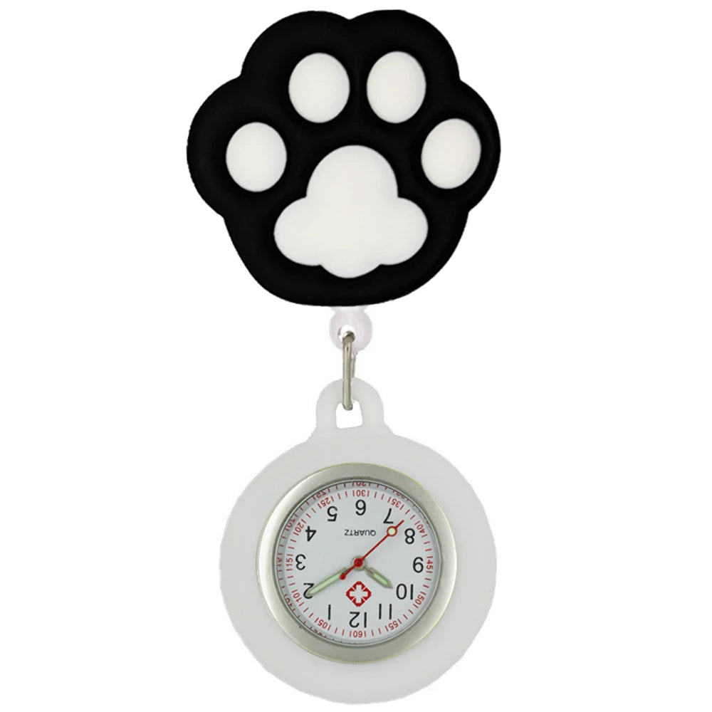 No-EN-Name-Null Adults Waterproof Cartoon Pink Big Cat Paw Metal Alloy Case Arabic Numeral Analog Display Clip-On Nurses-Doctors Fob Hanging Pocket Watches/Colors-White-Black Cat Heads/Yellow-Black-Pink Paws