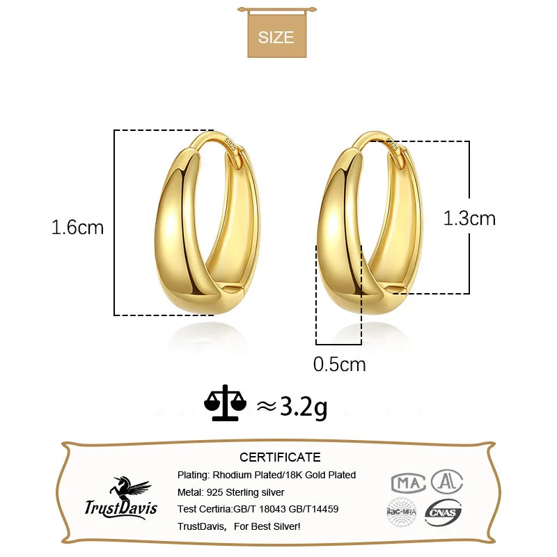 TRUSTDAVIS Adult Women Fine Sterling Silver-Gold-Plated Round Metal Hoop Earrings
