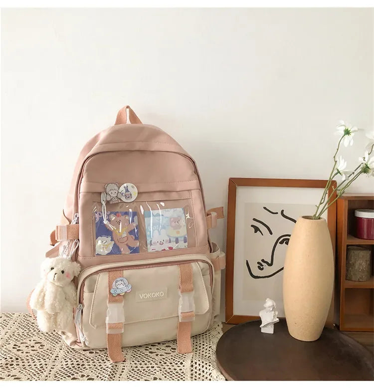 VONMONAN Women Waterproof Pink Nylon Fabric Clear Transparent Window Kawaii Cute Animal Design Zippers External Pockets Polyester Lining Single Compartment Shoulder Straps-Handle School Backpacks/Colors-Pink/Red/Green
