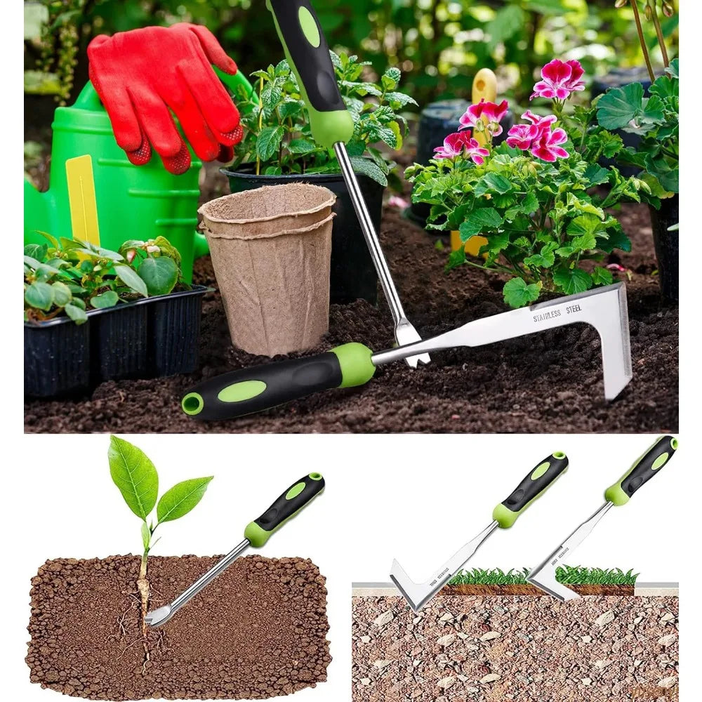 NINTH WORLD Outdoor 2 PCS Anti-Slip Grip Long Length Green-Black Rubber Handle L-Shaped Uncoated  Stainless Steel Handheld Manual Weed-Root Cultivating Tools Sets