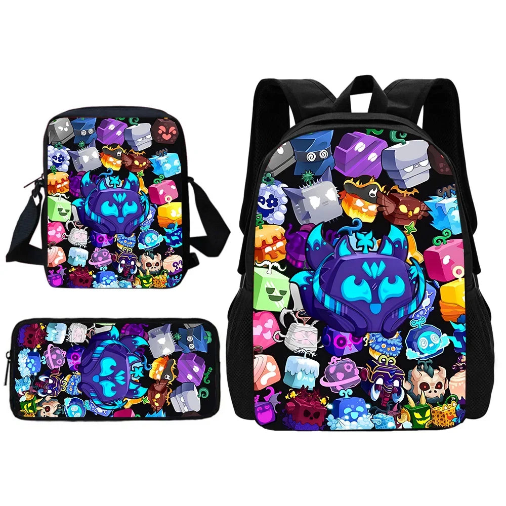 TOPTOY Kids Large Waterproof Multicolor Nylon Fabric Cartoon Smiling Fruit Critters Double Zippers Polyester Lining Shoulder Straps-Handle School Backpacks Sets/Pencil Bags/External Pockets/Colors-Multicolor/Black/Purple