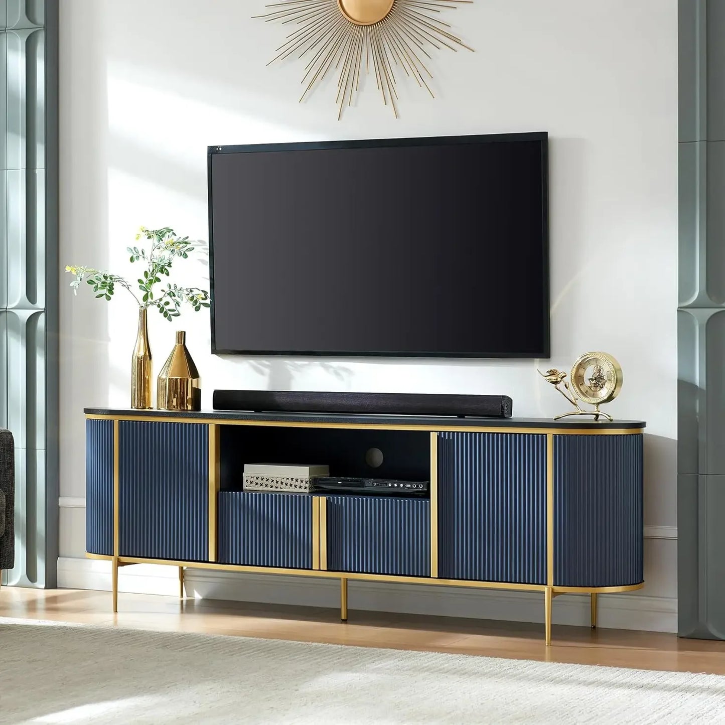 No-EN-Name-Null Modern Adjustable Dimensions Cable Managing-White Fluted Gold Metal Accents Curved Profile Design Entertainment Centers-TV Stands /Holds TVs Up to 80 inches/Colors-Navy Blue/White/Natural Oak