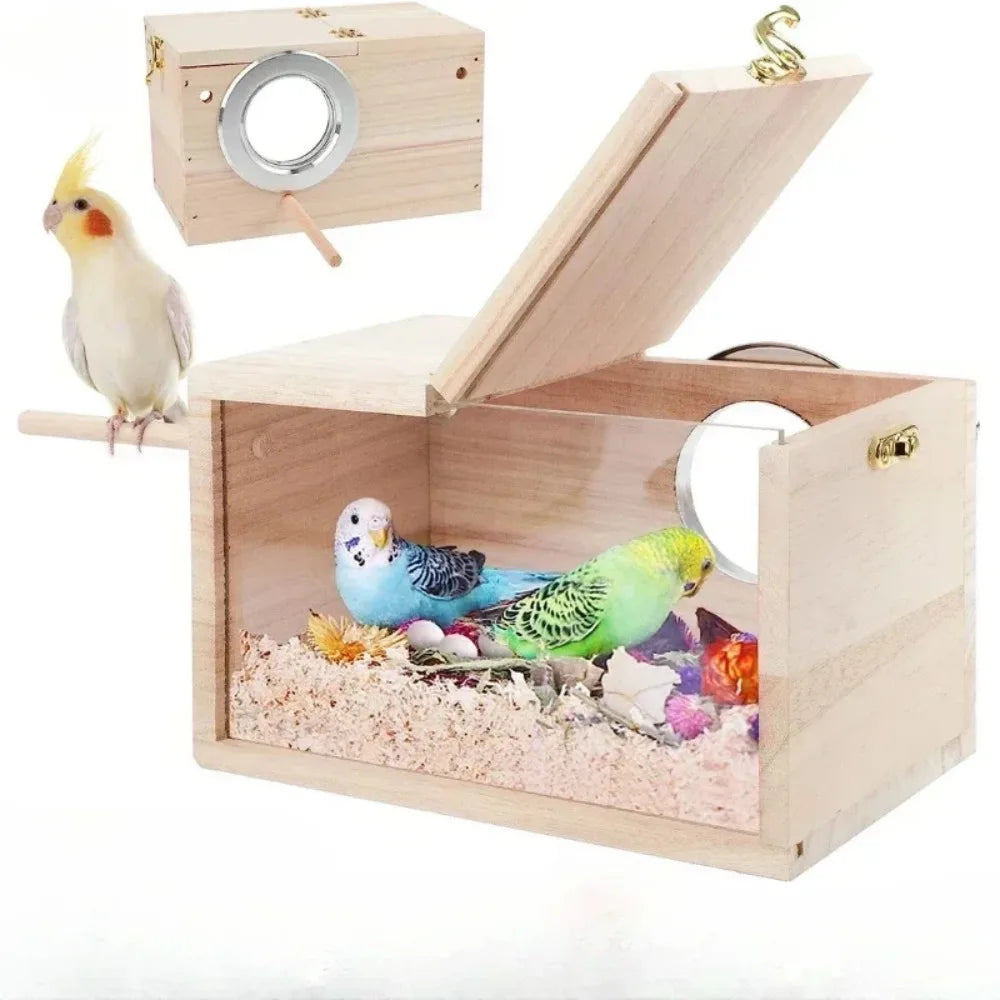 No-EN-Name-Null Natural Paulownia-Pine Wood Frame Clear Transparent Acrylic Panels Sides Rectangle Bird Breeding Box Bird Cage Accessories