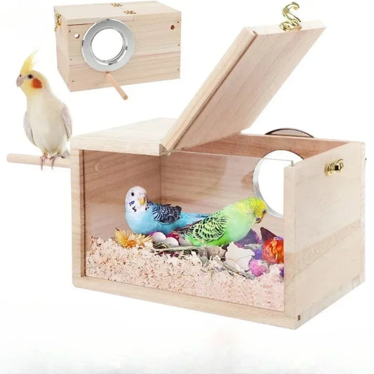 No-EN-Name-Null Natural Paulownia-Pine Wood Frame Clear Transparent Acrylic Panels Sides Rectangle Bird Breeding Box Bird Cage Accessories