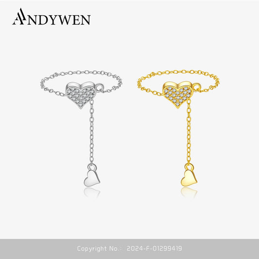 ANDYWEN 925 Silver Adjustable Flexible Fix Pulling Heart Chain Rings Transformer With Rubber Stopper Wedding Party Fine Jewelry