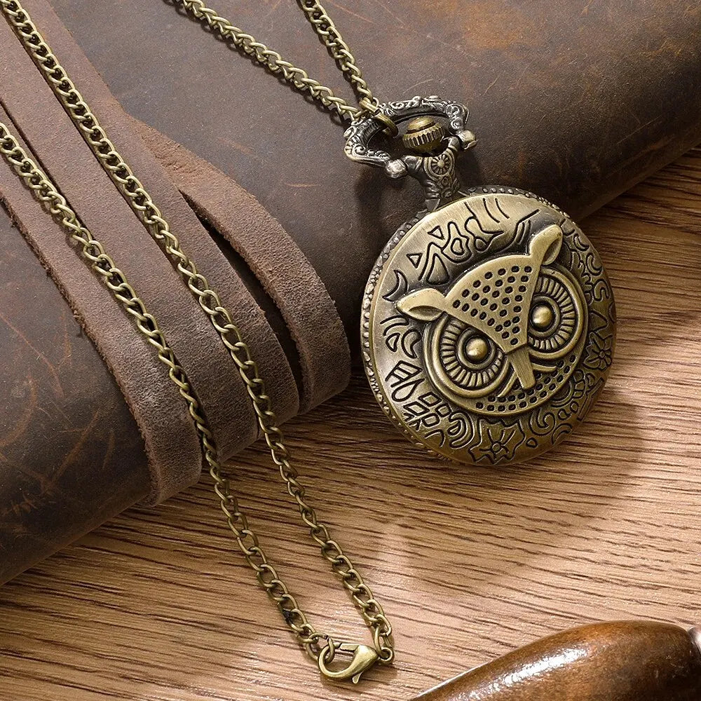 No-EN-Name-Null Adults Waterproof Antique Quartz Glass Face Bronze Round Shaped Metal Alloy Case Analog Display Cute Cartoon Night Owl Head Chain-Pocket Watches