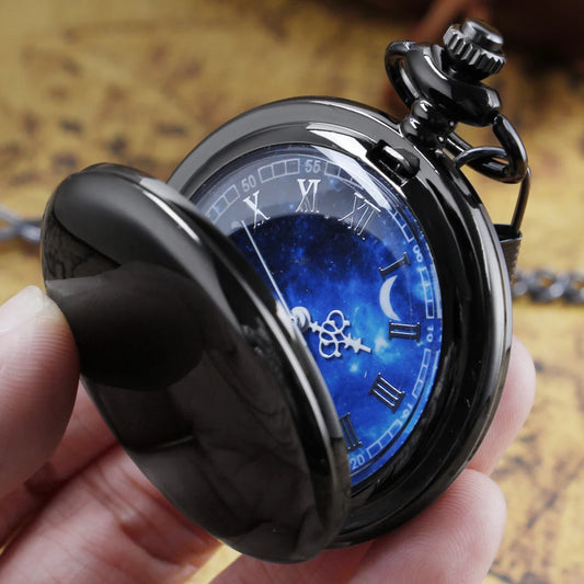 SHUHANG Adults Vintage Quartz Analog Display Hunters Black Glossy Blue Plastic Face Stainless Steel Metal Round Shaped Case White Roman Numeral Black Long Necklace Chain-Pocket Watches