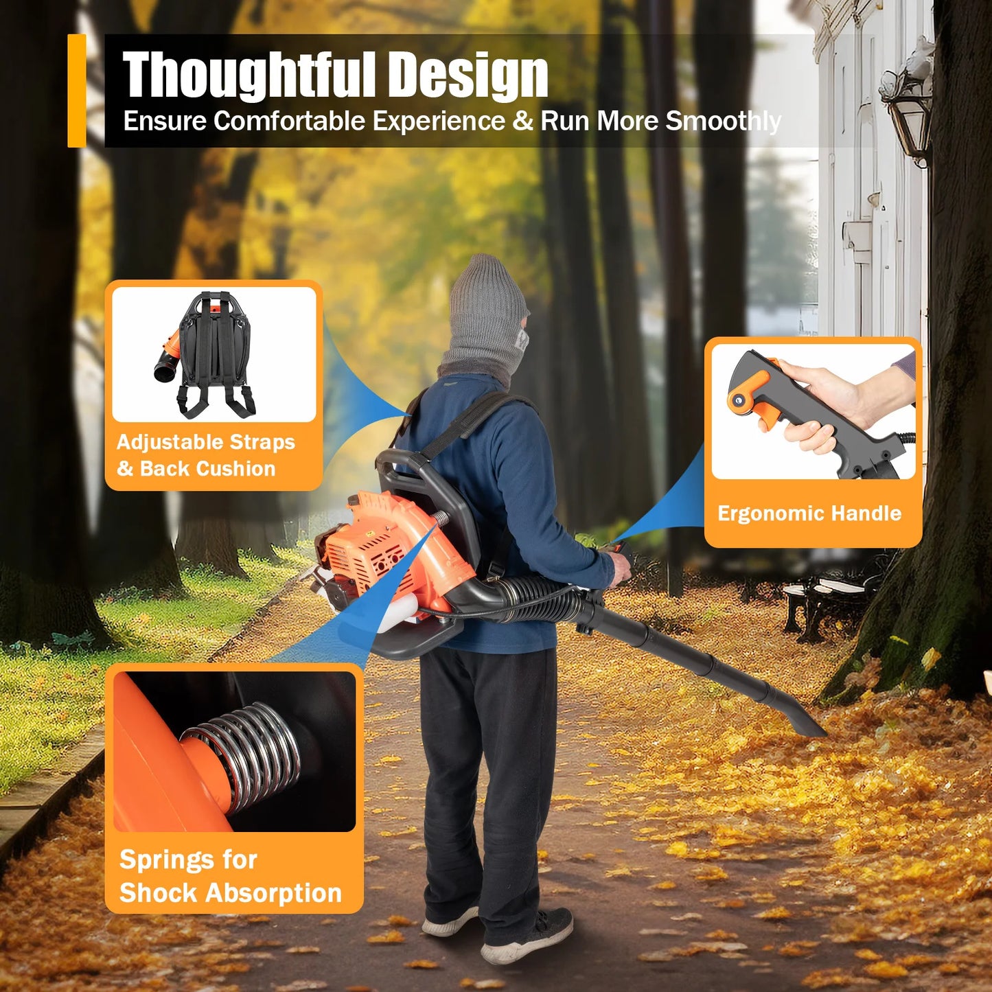 No-EN-Name-Null Outdoor Commercial Grade Gas-Powered Orange-Black-White Plastic Body Stainless Steel 2-Stroke Air-Cooled Engine Oil Contactless Electronic Ignition Gasoline Powered Backpack Leaf Blowers