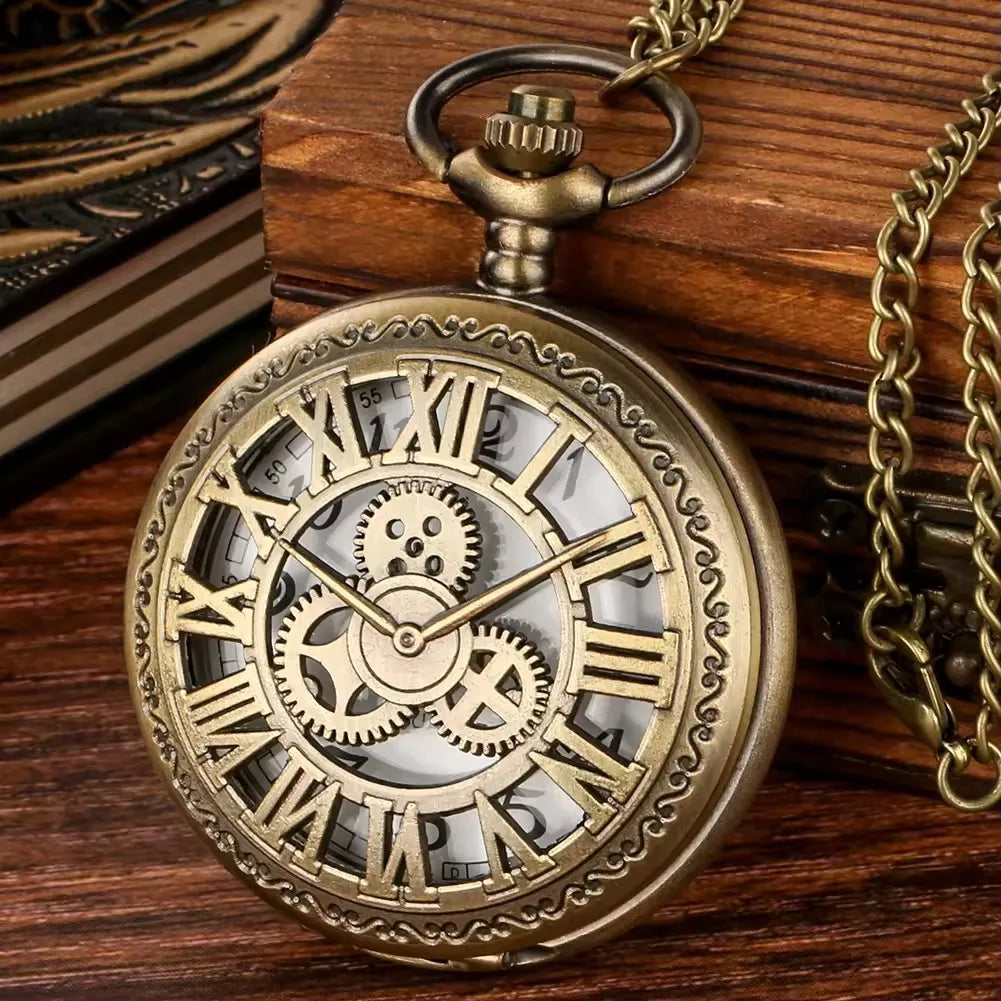 No-EN-Name-Null Adults Antique Brown Bronze Quartz Digital-Analog Display Round Metal Alloy Case Glass Face Hollow-Out Steampunk Gears Roman Numeral Front-Floral Back Design Old Style Pendant Chain-Pocket Watches