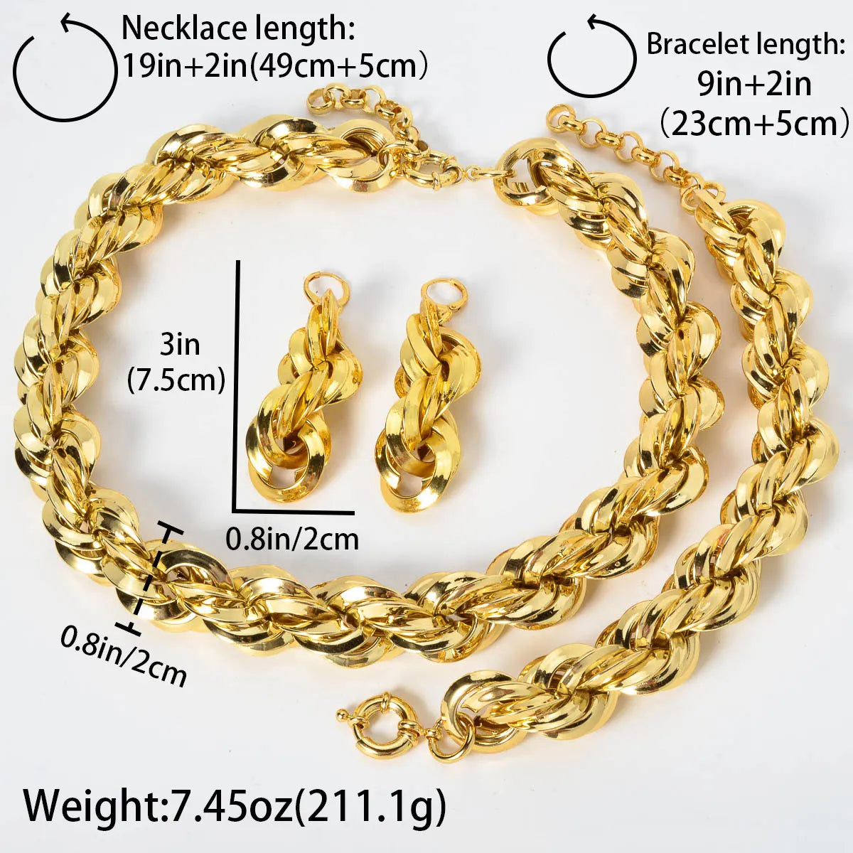 CHARMOMENT Women Fine Imitation Copper Metal Gold Big Chunky Twisted Rope Necklace-Bracelet-Big Dangle Drop Earrings Engagement Jewelry Sets