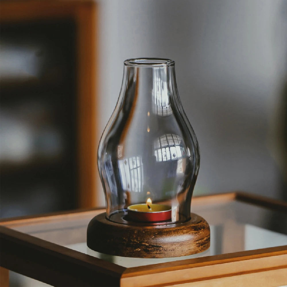 No-EN-Name-Null Classic Small Windproof Clear Glass Shade Brown Bamboo Wood Round Shaped Base Tealight Candle Holders