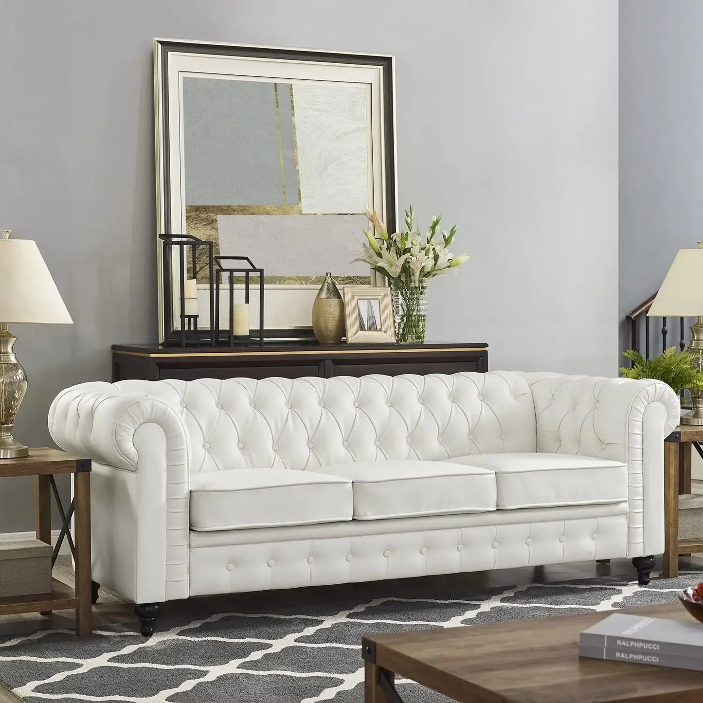 No-EN-Name-Null 3 PCS White Modern Medium Firm Upholstered Padded Chesterfield Lounge Solid Wood Framed Faux Leather Tufted Cotton Fabric Sofa Living Room Sets