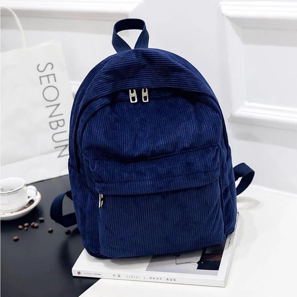 MARKROYAL Women Blue Corduroy Fabric Double Metal Zippers Shoulder Straps-Handle Polyester Lining Laptop Compartment External Pockets School Backpacks/Internal Pockets /Key Chain Holder/Colors-Blue/Brown/Black/Gray