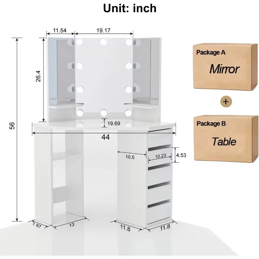 Modern Corner Wood Lighted Mirrored Women Make-Up Vanity Desk /Drawers/Colors-White/Brown/Gray