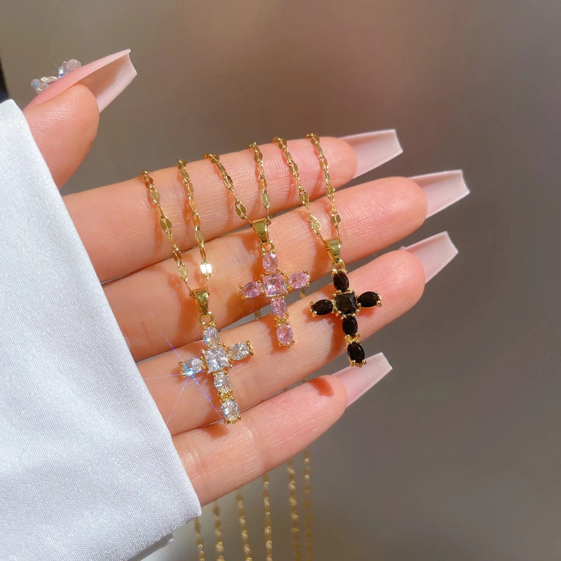 No-EN-Name-Null Women Fine Imitation Stainless Steel Gold-Plated Metal Cubic Zirconia All-Crystal Clear White Shiny Diamond Accents Stones Cross Pendant Necklaces/Colors-Brown/Clear/Green/Gold/Pink