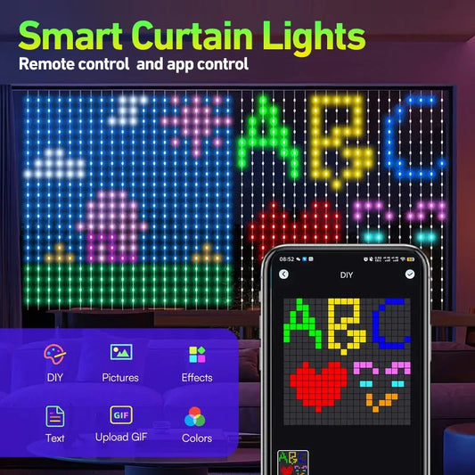 VENUSWING Indoor-Outdoor Waterproof Geometric Multicolor Bedroom DIY Text Remote Control Smart Curtain Lights 400 LED-RGB Light Ropes-Strings Lights