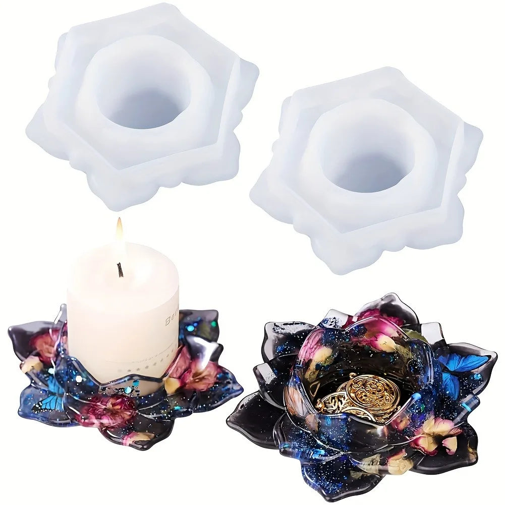 No-EN-Name-Null Floral Lotus Flower Design Candle Holder Silicone Resin White Milky Craft Molds