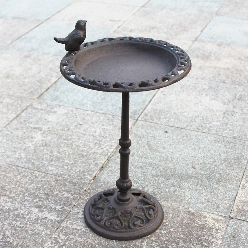 No-EN-Name-Null Outdoor Garden Free-Standing Farm House Style One Bird On-Brown Cast Iron Metal Rustic Brown Cast Iron Standing Big Hollow Round Bottom Base Bird Feeders