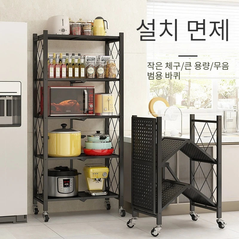 Black-White 3-4-5-Tiers Shelves Kitchen Metal Fold Up Movable Storage Racks/ 4 Wheels
