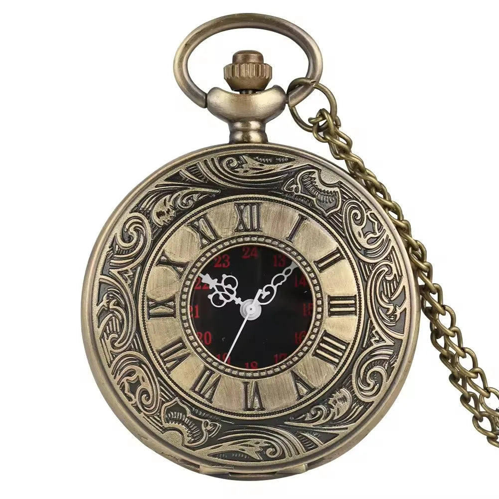 No-EN-Name-Null Adult Men Vintage Quartz Movement Black Round Shaped Glass Face Steampunk Black Roman Numerals Pendant Chain-Pocket Watches /Colors-Black/Gold/Brown/Silver