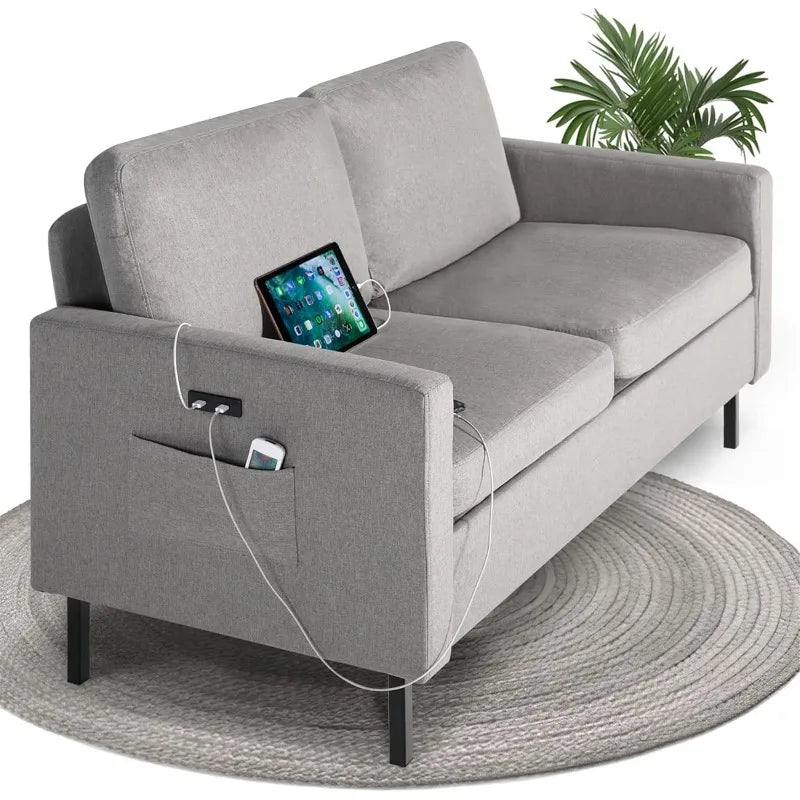 OLOEY Modern Small Two Persons Light Gray Soft Recycled Fine Linen Fabric Round Corners Design Solid Wood Frame Metal Legs Loveseat Sofas/ 2 USB Charging Ports/One-Pocket-Both Side Pockets