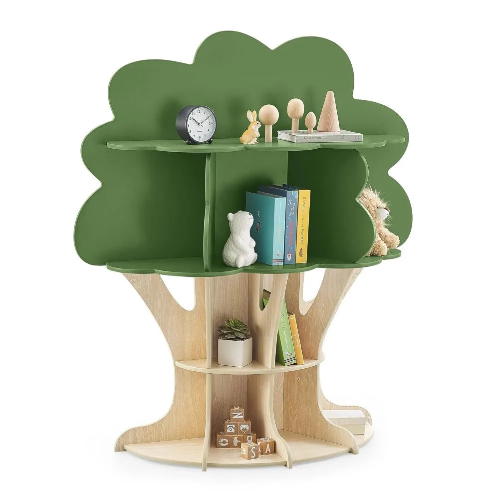 XMSJ Modern Toddlers Wall Mounted MDF Wood Delta Cartoon Cute Green Tree Top Natural Light Oak Trunk Shaped Round Bottom Rack Bookcases-Shelves/Colors-Green/Brown