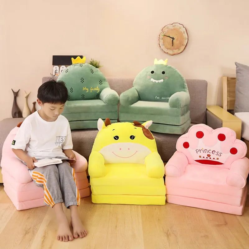MDNG Modern Kids Customized Upholstered Padding Cute Soft Gray Velvet Fabric Cartoon Animal Faces Folding-Out Play Arm Chairs/Sponge Filling/Colors-Green/Pink/Yellow/Gray/Animals