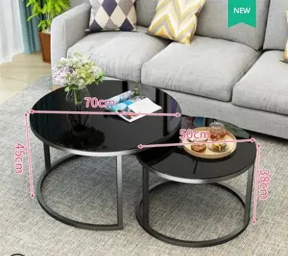 TIEHO Modern 2-In-1 Combination Cafe Black Round Shaped Tempered Glass Tabletop White Iron Metal Frame Base Nesting Coffee Table Sets