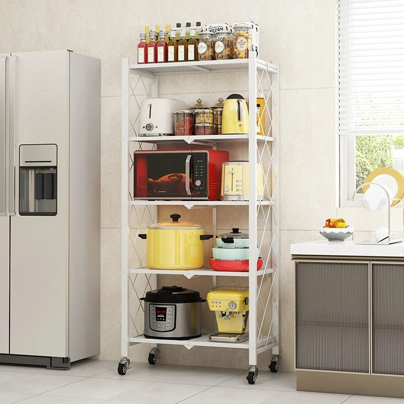 Black-White 3-4-5-Tiers Shelves Kitchen Metal Fold Up Movable Storage Racks/ 4 Wheels