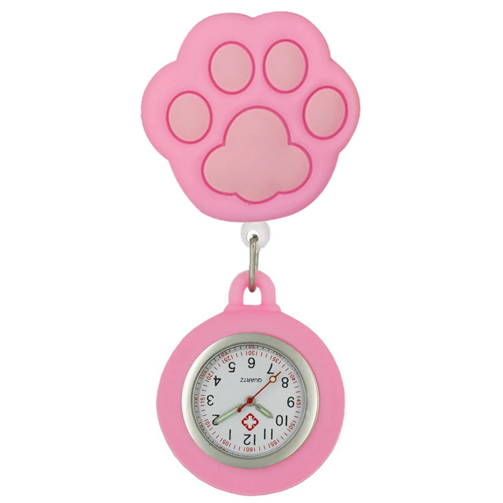 No-EN-Name-Null Adults Waterproof Cartoon Pink Big Cat Paw Metal Alloy Case Arabic Numeral Analog Display Clip-On Nurses-Doctors Fob Hanging Pocket Watches/Colors-White-Black Cat Heads/Yellow-Black-Pink Paws