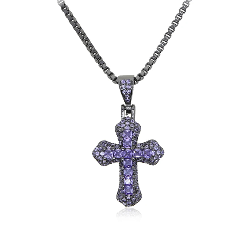 ATJMLADY Unisex Fine Imitation Silver-Plated Stainless Steel-Copper Metal Shiny Clear White-Multicolor Small Cross Pendant Box Link Chain Necklaces/Colors-Pink/Purple-Black/Multicolor/Sliver/Blue